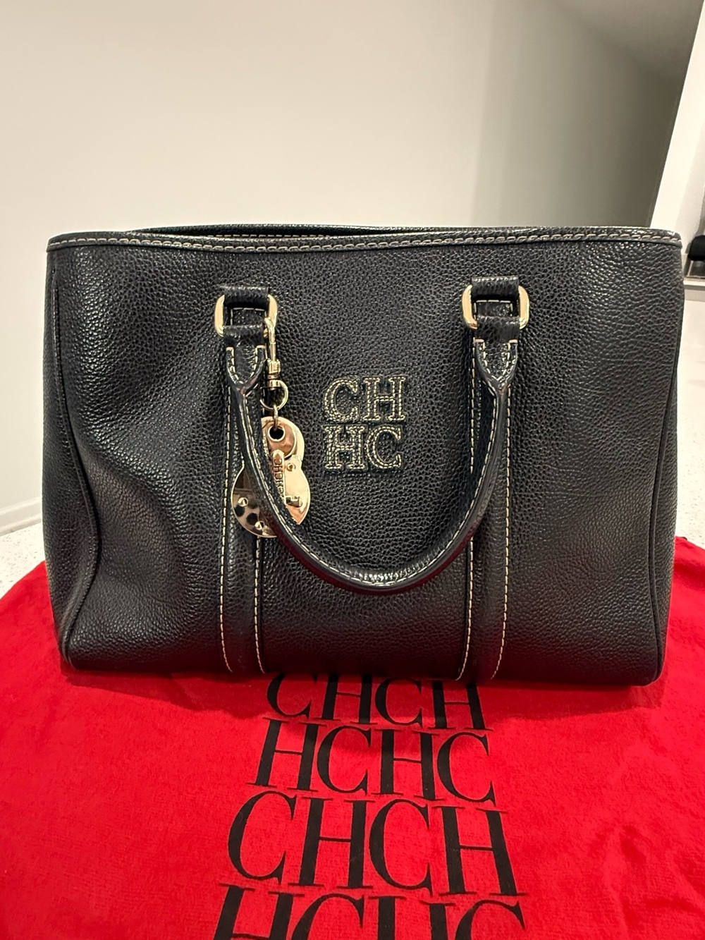 Carolina Herrera Black Pebbled Leather Tote with Gold Charm + Dust Bag
